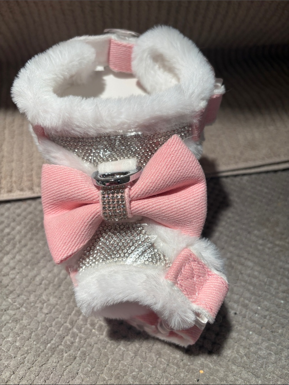 Soft Pink Bow Dog Harness with Faux Fur & Crystal Accents